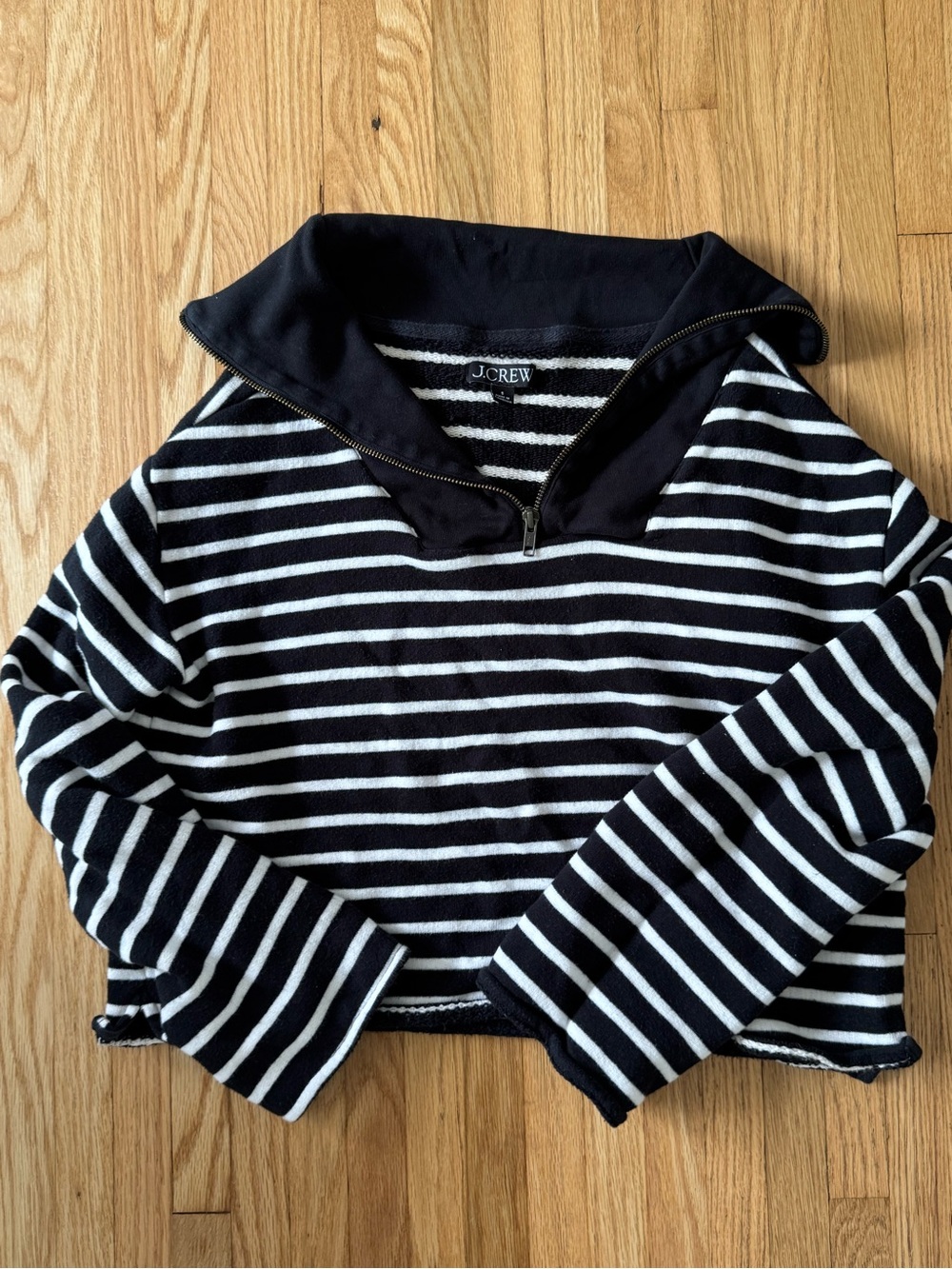 J. Crew Black & White Striped Half-Zip Funnel Terrycloth Collar Sweater